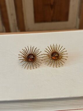 Sarah Coventry Gold Tone Atomic Sunburst Earrings with Amber Stones